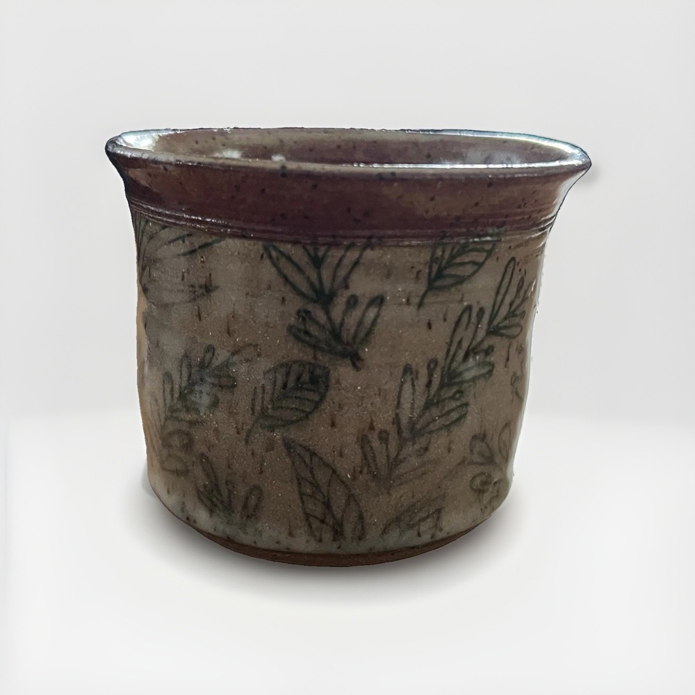 Handmade Studio Pottery Planter Crock Botanical Sgraffito Signed Artisan Boho